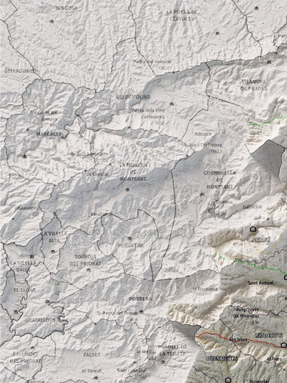 Mapa de relieve del Baix Camp, con el territorio en color y el entorno en blanco. Detalle de la zona superior izquierda. 30 × 40 cm. Estilo Cartográfico.