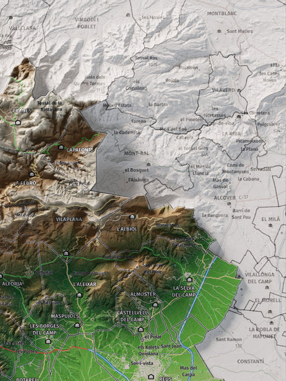 Mapa de relieve del Baix Camp, con el territorio en color y el entorno en blanco. Detalle de la zona superior derecha. 30 × 40 cm. Estilo Clásico.