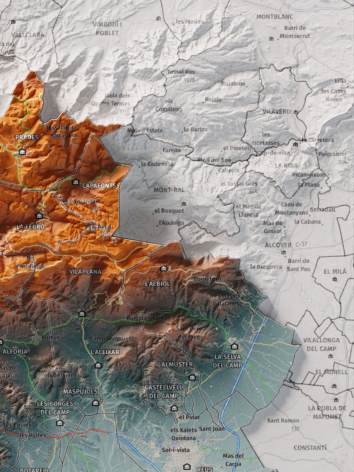 Mapa de relieve del Baix Camp, con el territorio en color y el entorno en blanco. Detalle de la zona superior derecha. 30 × 40 cm. Estilo Azul y naranja.