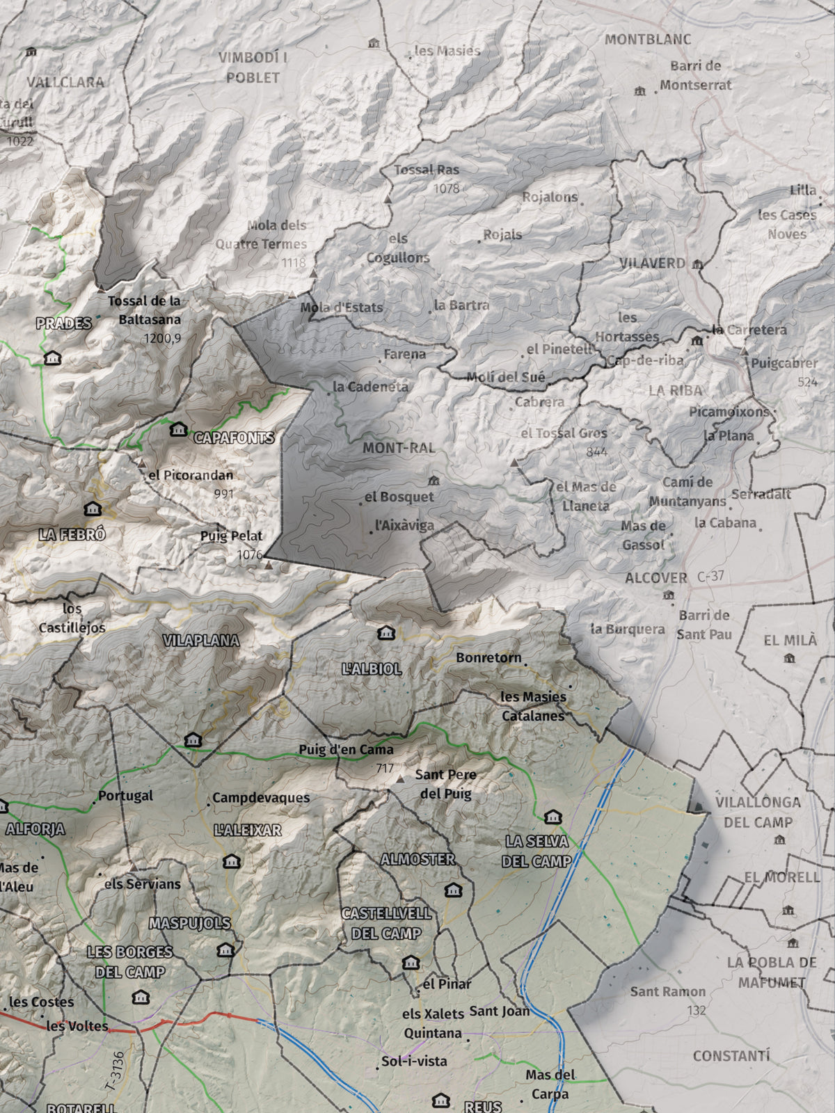 Mapa de relieve del Baix Camp, con el territorio en color y el entorno en blanco. Detalle de la zona superior derecha. 30 × 40 cm. Estilo Cartográfico.