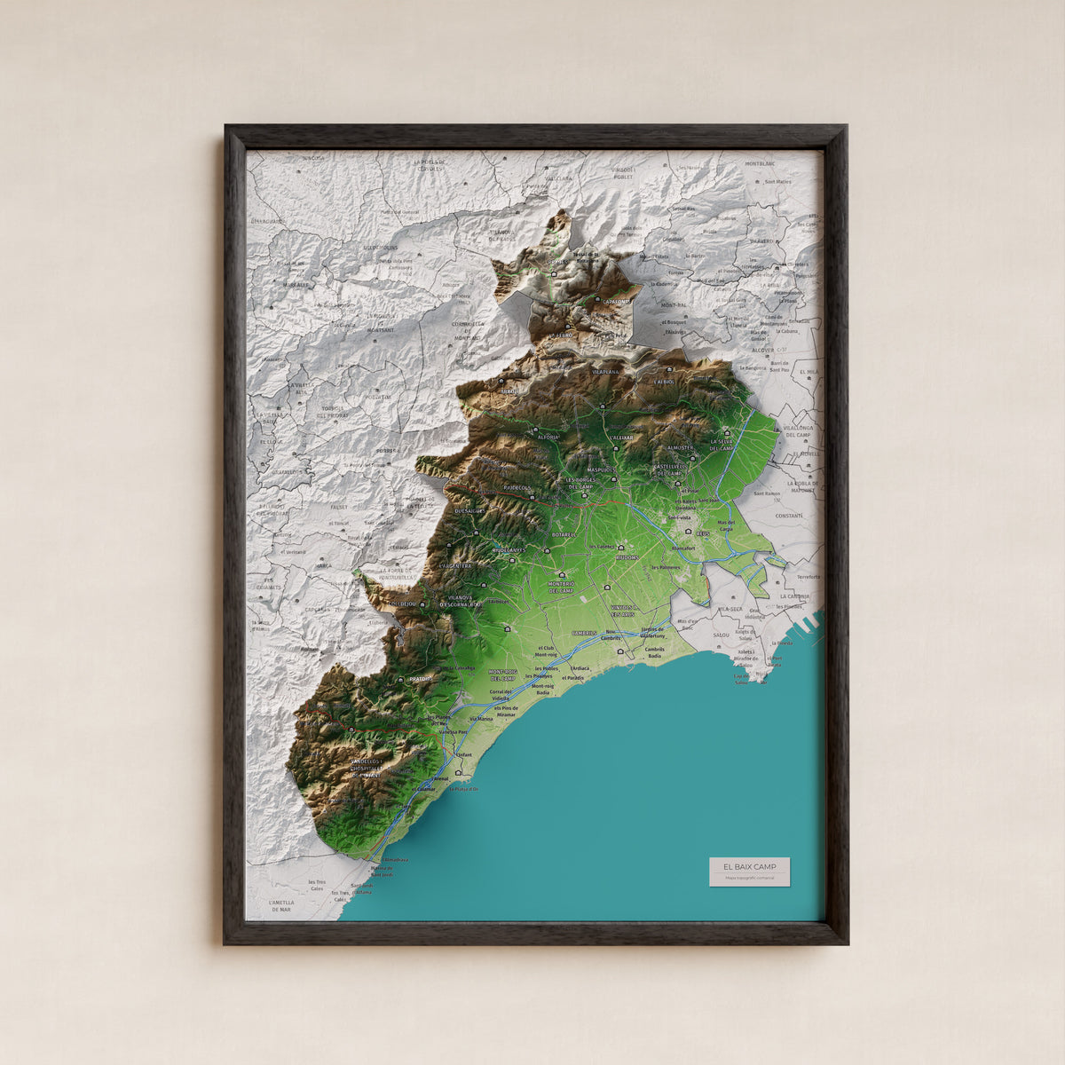 Mapa de relieve del Baix Camp, con el territorio en color y el entorno en blanco. Presentación con marco. 30 × 40 cm. Estilo Clásico.
