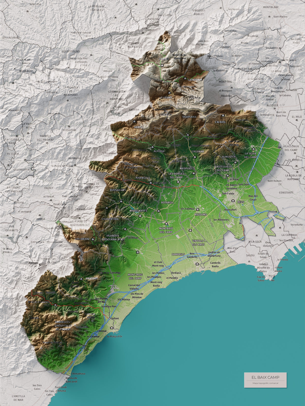 Mapa de relieve del Baix Camp, con el territorio en color y el entorno en blanco. Vista completa de la lámina. 30 × 40 cm. Estilo Clásico.