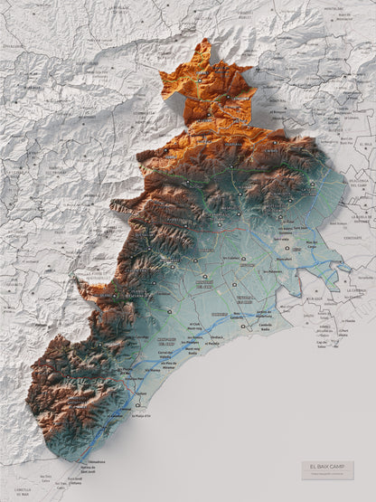Mapa de relieve del Baix Camp, con el territorio en color y el entorno en blanco. Vista completa de la lámina. 30 × 40 cm. Estilo Azul y naranja.