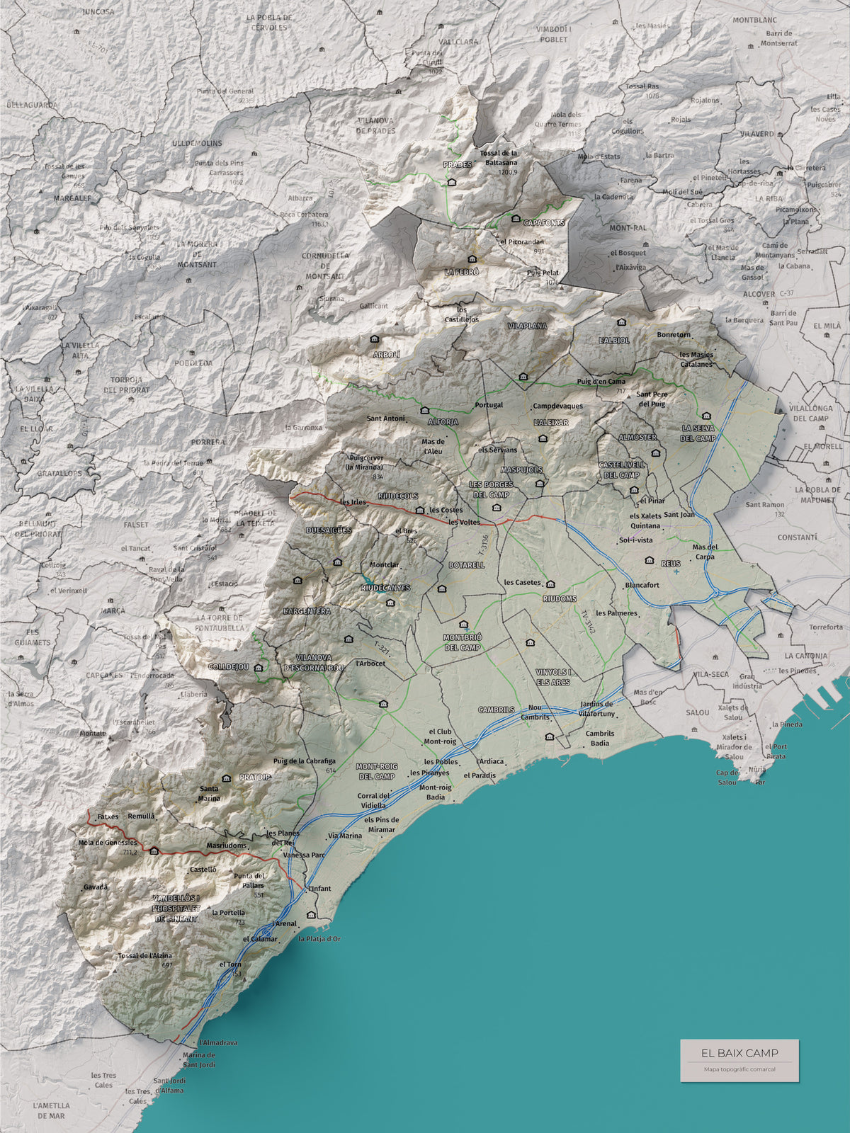 Mapa de relieve del Baix Camp, con el territorio en color y el entorno en blanco. Vista completa de la lámina. 30 × 40 cm. Estilo Cartográfico.