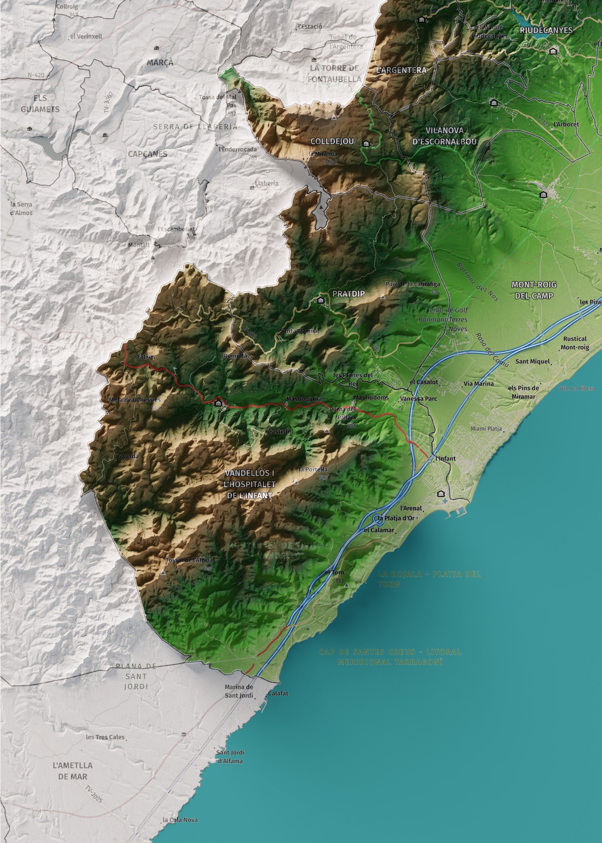 Mapa de relieve del Baix Camp, con el territorio en color y el entorno en blanco. Detalle de la zona inferior izquierda. 50 × 70 cm. Estilo Clásico.