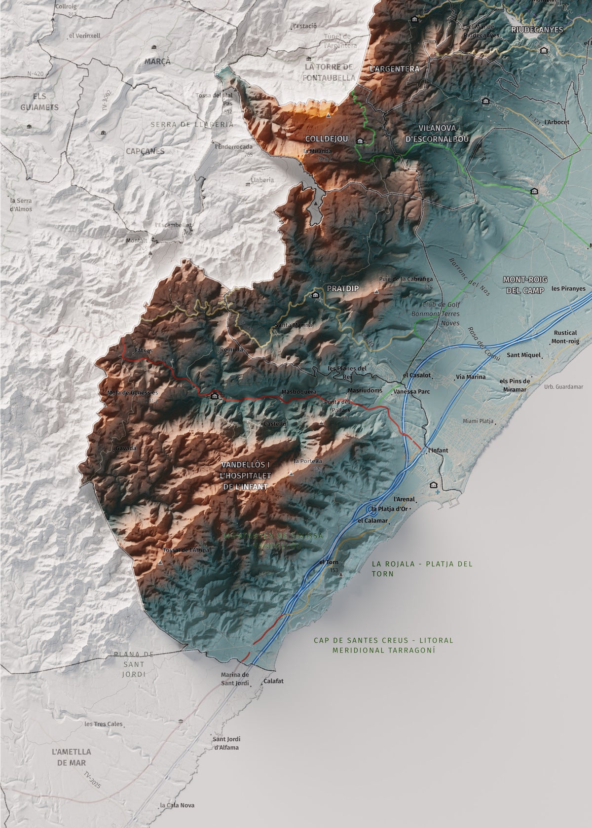 Mapa de relieve del Baix Camp, con el territorio en color y el entorno en blanco. Detalle de la zona inferior izquierda. 50 × 70 cm. Estilo Azul y naranja.