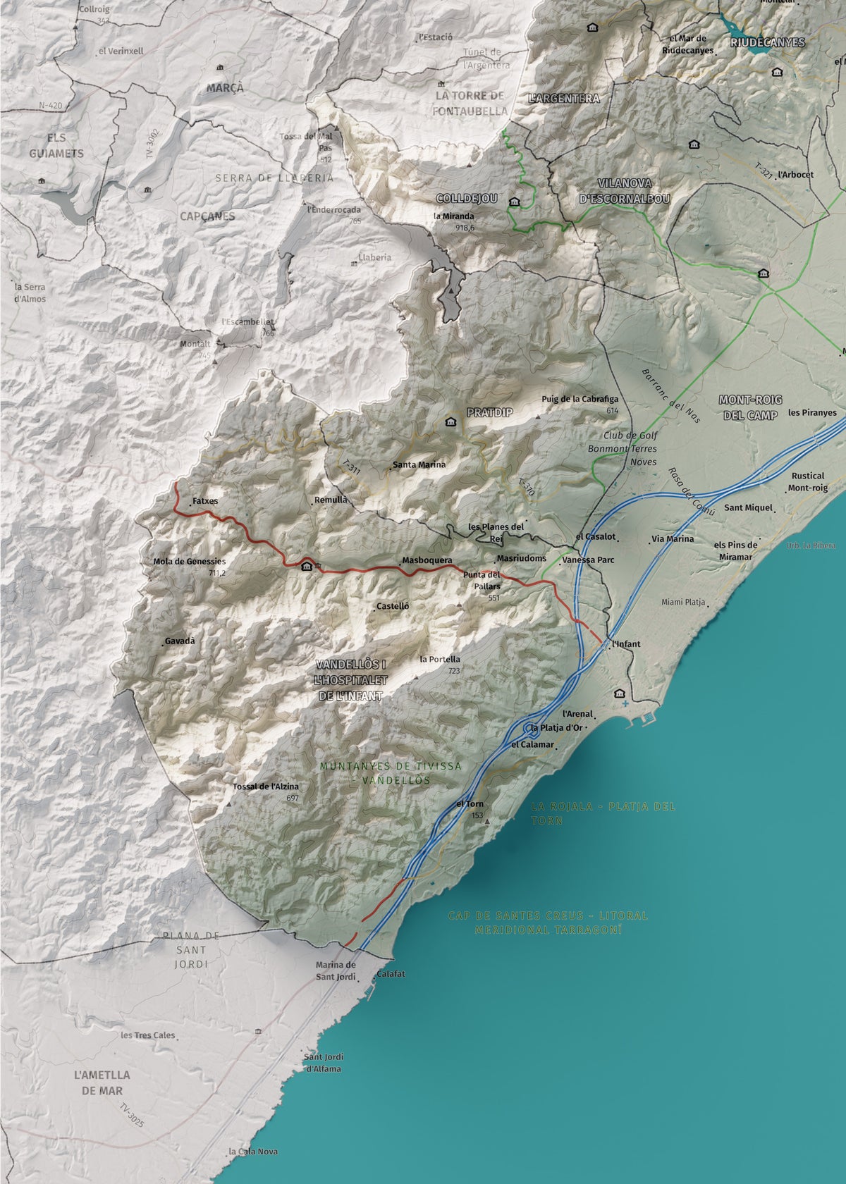 Mapa de relieve del Baix Camp, con el territorio en color y el entorno en blanco. Detalle de la zona inferior izquierda. 50 × 70 cm. Estilo Cartográfico.