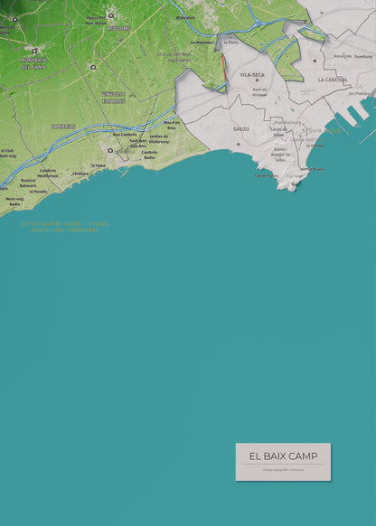 Mapa de relieve del Baix Camp, con el territorio en color y el entorno en blanco. Detalle de la zona inferior derecha. 50 × 70 cm. Estilo Clásico.