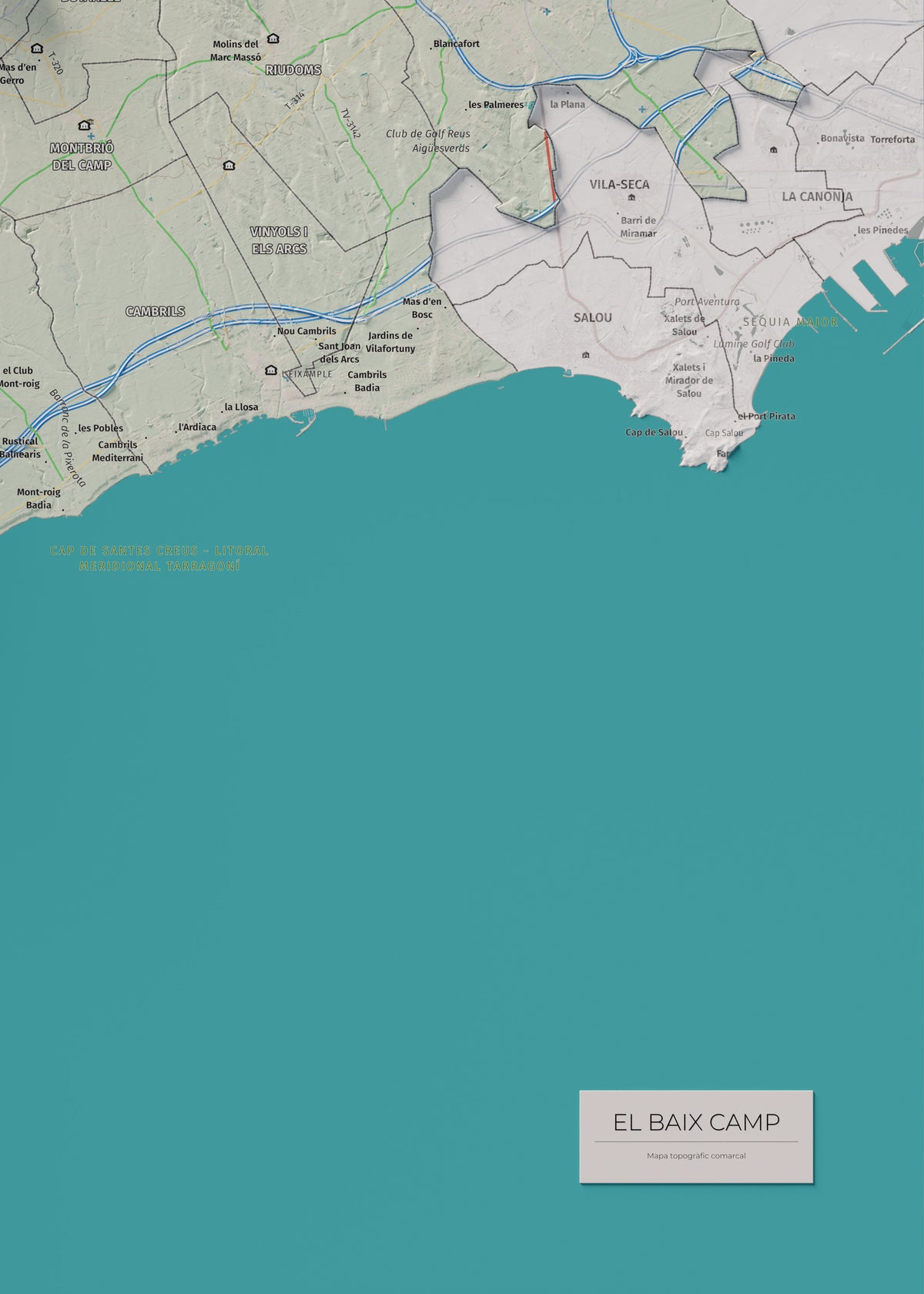 Mapa de relieve del Baix Camp, con el territorio en color y el entorno en blanco. Detalle de la zona inferior derecha. 50 × 70 cm. Estilo Cartográfico.