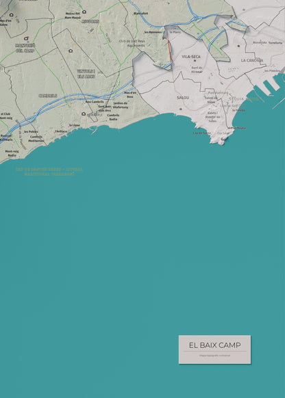 Mapa de relieve del Baix Camp, con el territorio en color y el entorno en blanco. Detalle de la zona inferior derecha. 50 × 70 cm. Estilo Cartográfico.