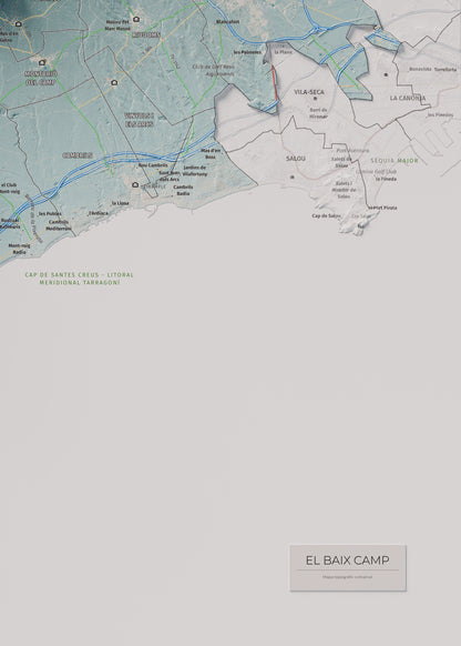Mapa de relieve del Baix Camp, con el territorio en color y el entorno en blanco. Detalle de la zona inferior derecha. 50 × 70 cm. Estilo Azul y naranja.