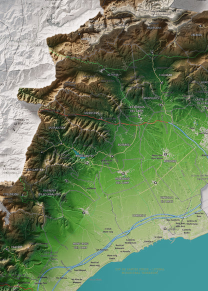 Mapa de relieve del Baix Camp, con el territorio en color y el entorno en blanco. Detalle de la zona central. 50 × 70 cm. Estilo Clásico.