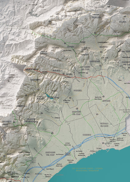 Mapa de relieve del Baix Camp, con el territorio en color y el entorno en blanco. Detalle de la zona central. 50 × 70 cm. Estilo Cartográfico.