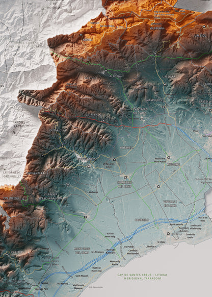 Mapa de relieve del Baix Camp, con el territorio en color y el entorno en blanco. Detalle de la zona central. 50 × 70 cm. Estilo Azul y naranja.