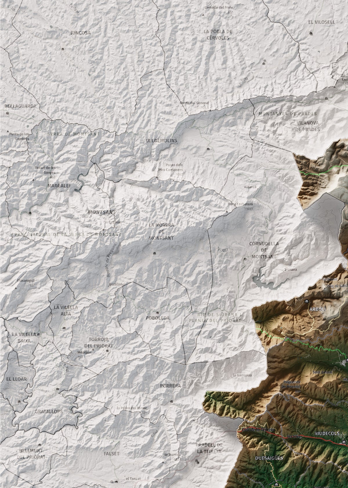 Mapa de relieve del Baix Camp, con el territorio en color y el entorno en blanco. Detalle de la zona superior izquierda. 50 × 70 cm. Estilo Clásico.
