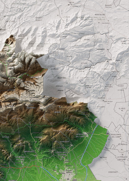 Mapa de relieve del Baix Camp, con el territorio en color y el entorno en blanco. Detalle de la zona superior derecha. 50 × 70 cm. Estilo Clásico.