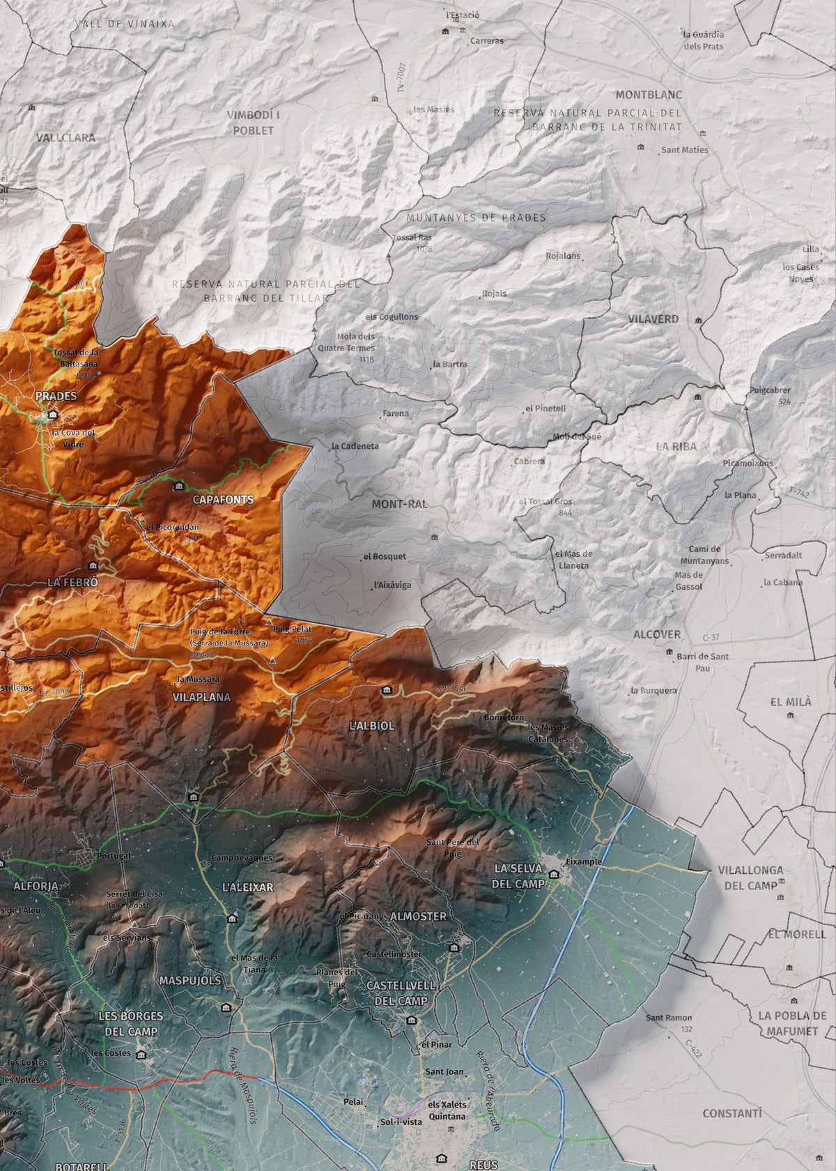 Mapa de relieve del Baix Camp, con el territorio en color y el entorno en blanco. Detalle de la zona superior derecha. 50 × 70 cm. Estilo Azul y naranja.