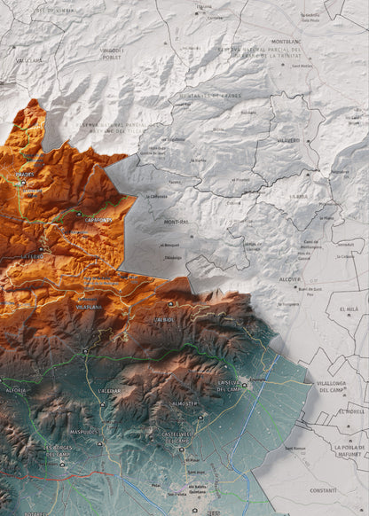 Mapa de relieve del Baix Camp, con el territorio en color y el entorno en blanco. Detalle de la zona superior derecha. 50 × 70 cm. Estilo Azul y naranja.