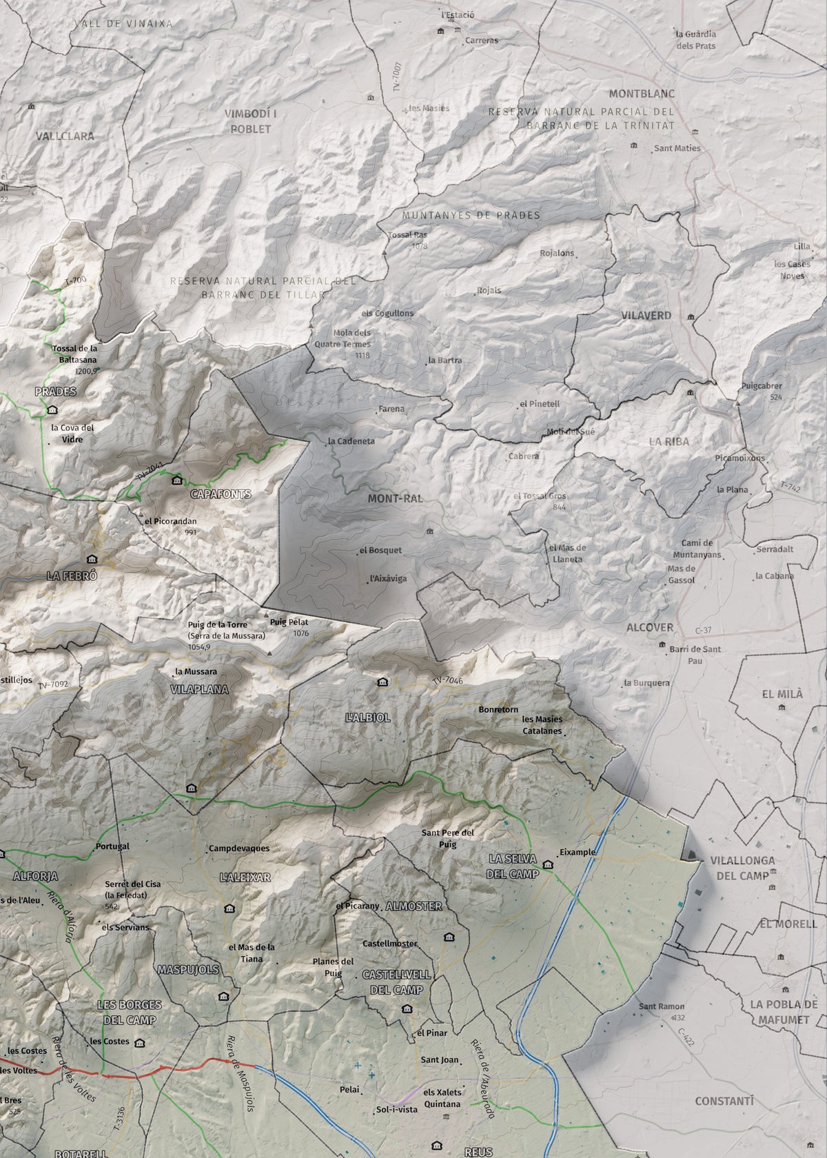 Mapa de relieve del Baix Camp, con el territorio en color y el entorno en blanco. Detalle de la zona superior derecha. 50 × 70 cm. Estilo Cartográfico.