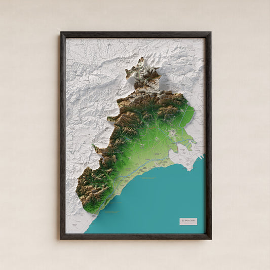 Mapa de relieve del Baix Camp, con el territorio en color y el entorno en blanco. Presentación con marco. 50 × 70 cm. Estilo Clásico.