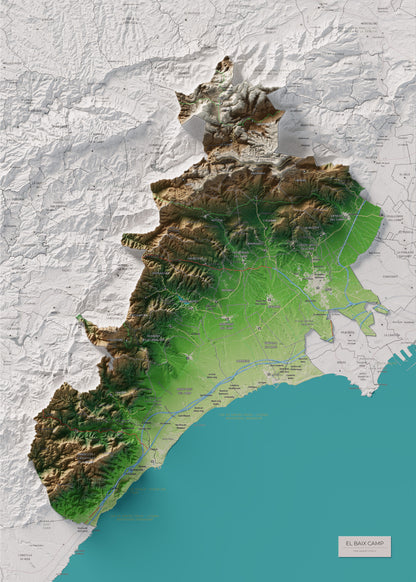 Mapa de relieve del Baix Camp, con el territorio en color y el entorno en blanco. Vista completa de la lámina. 50 × 70 cm. Estilo Clásico.