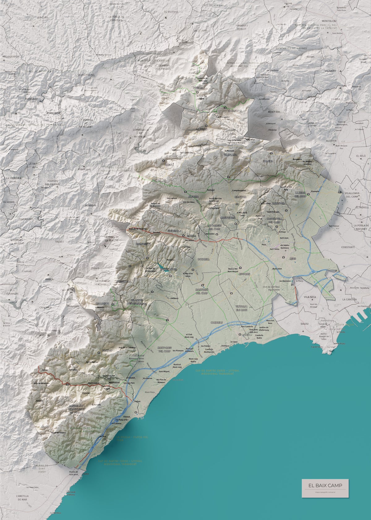 Mapa de relieve del Baix Camp, con el territorio en color y el entorno en blanco. Vista completa de la lámina. 50 × 70 cm. Estilo Cartográfico.