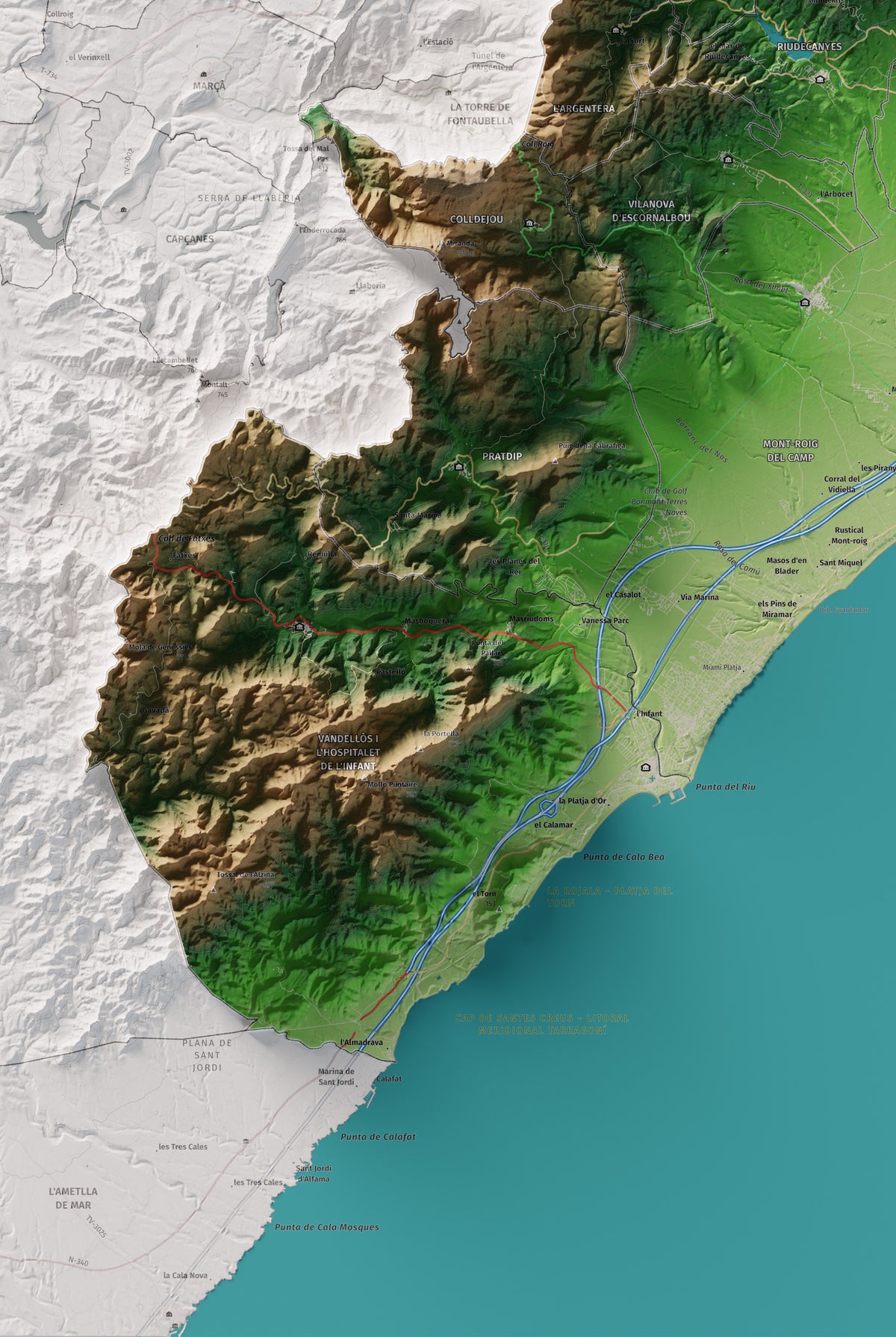 Mapa de relieve del Baix Camp, con el territorio en color y el entorno en blanco. Detalle de la zona inferior izquierda. 61 × 91 cm. Estilo Clásico.