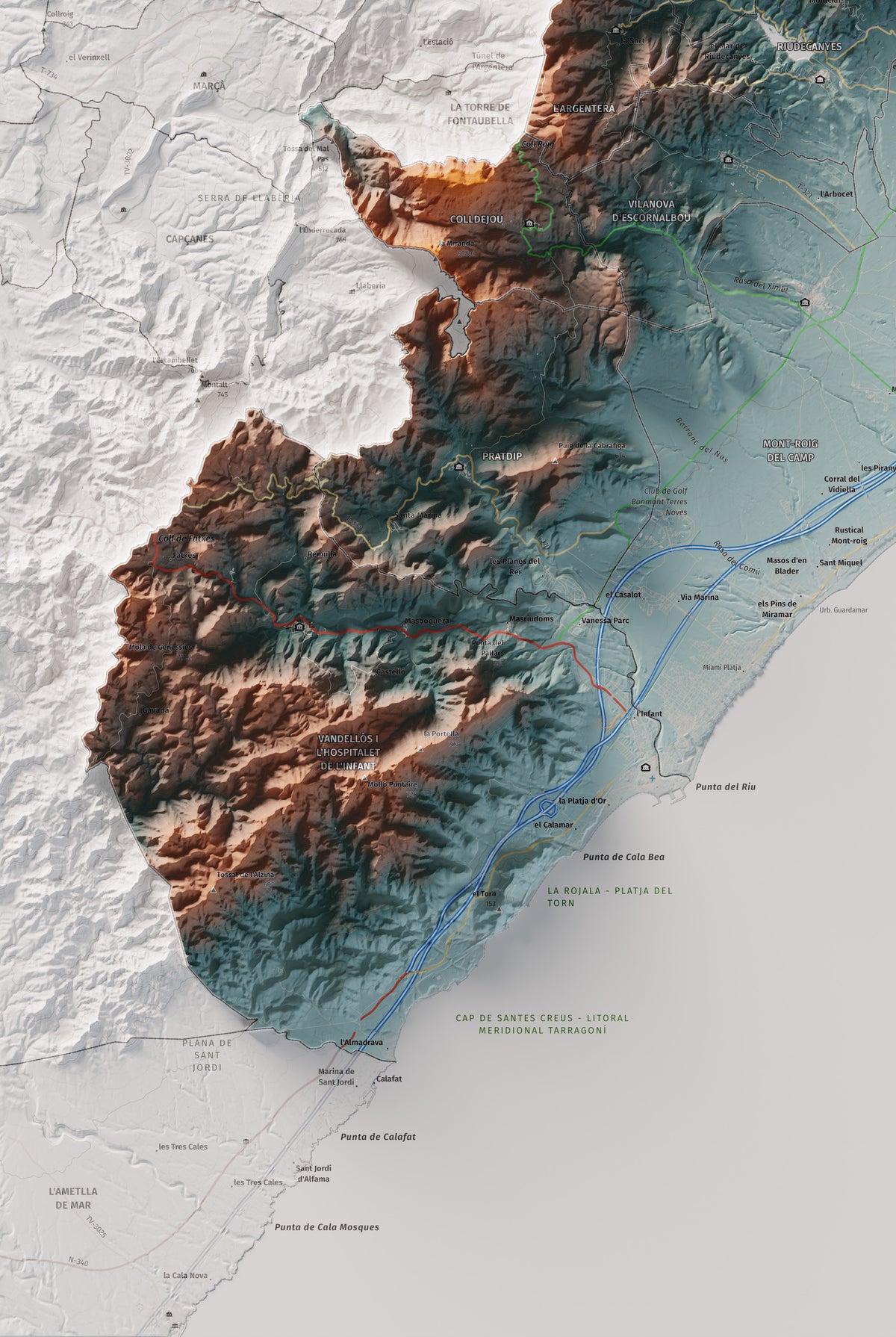 Mapa de relieve del Baix Camp, con el territorio en color y el entorno en blanco. Detalle de la zona inferior izquierda. 61 × 91 cm. Estilo Azul y naranja.