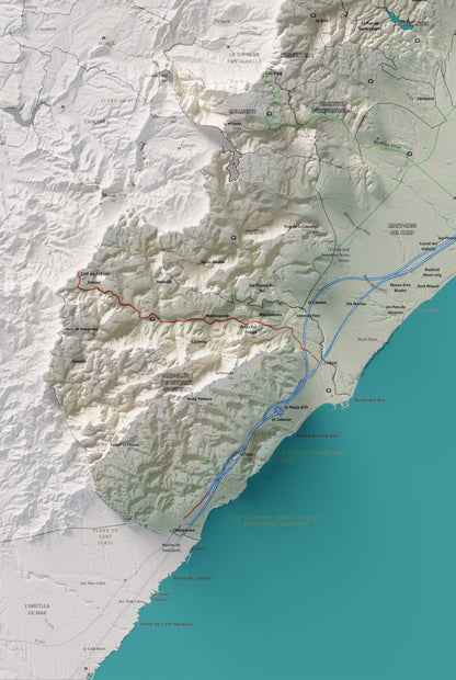 Mapa de relieve del Baix Camp, con el territorio en color y el entorno en blanco. Detalle de la zona inferior izquierda. 61 × 91 cm. Estilo Cartográfico.