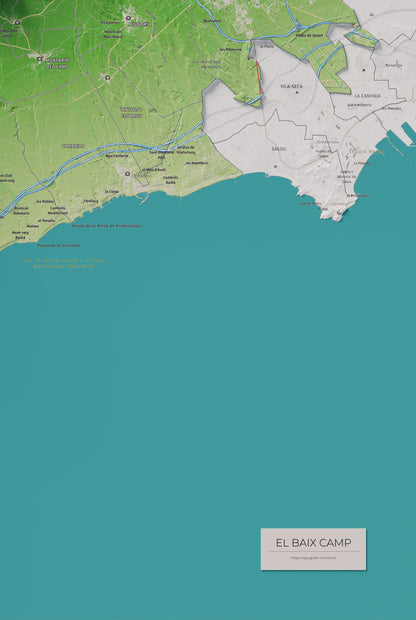 Mapa de relieve del Baix Camp, con el territorio en color y el entorno en blanco. Detalle de la zona inferior derecha. 61 × 91 cm. Estilo Clásico.