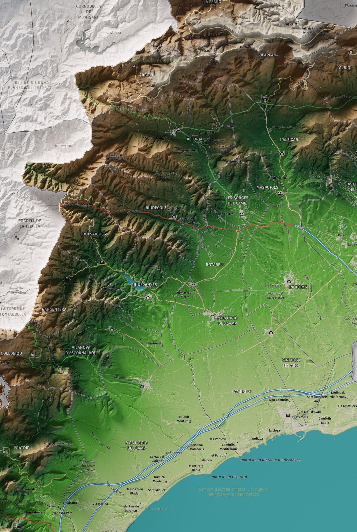 Mapa de relieve del Baix Camp, con el territorio en color y el entorno en blanco. Detalle de la zona central. 61 × 91 cm. Estilo Clásico.