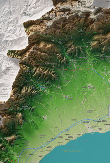 Mapa de relieve del Baix Camp, con el territorio en color y el entorno en blanco. Detalle de la zona central. 61 × 91 cm. Estilo Clásico.