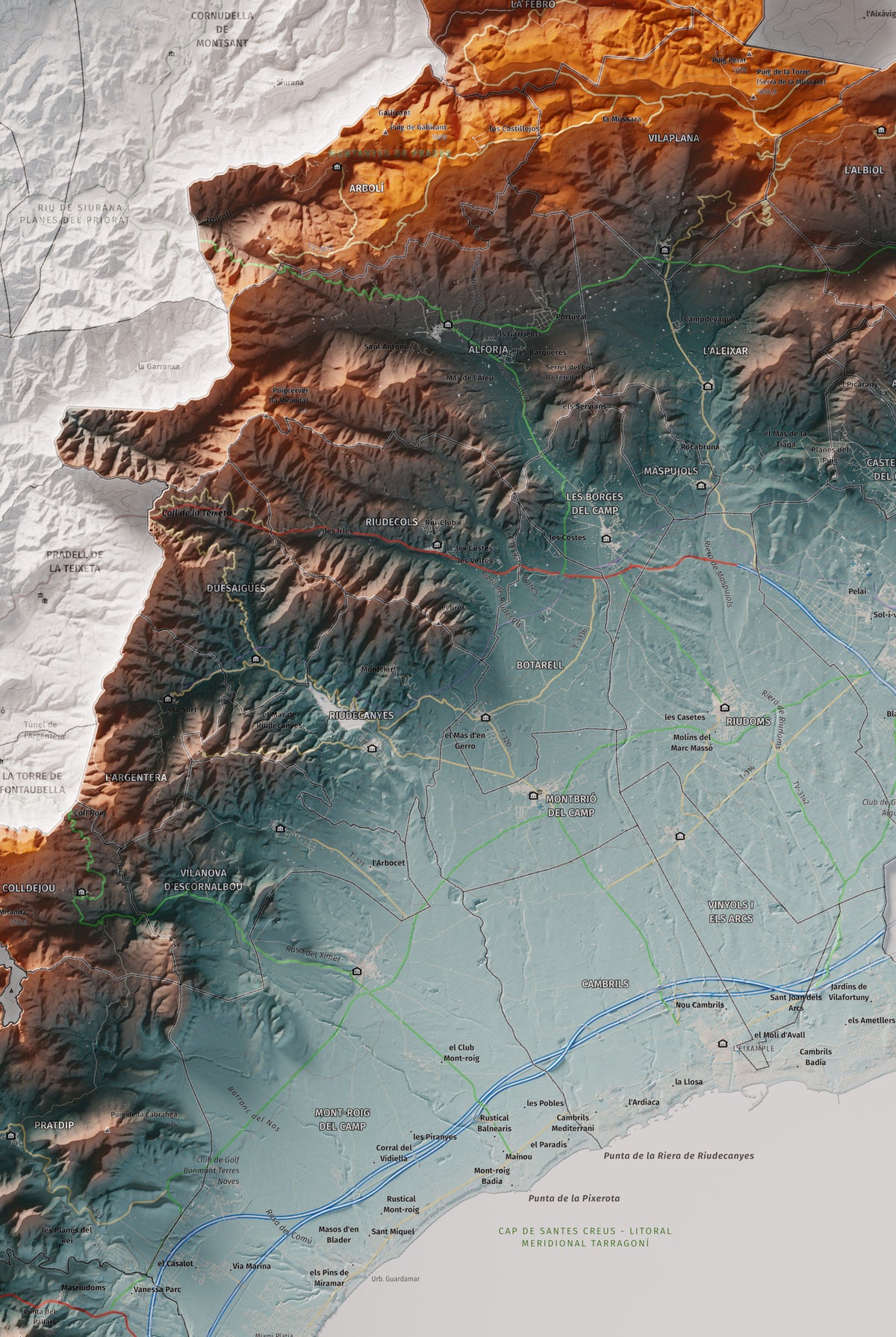 Mapa de relieve del Baix Camp, con el territorio en color y el entorno en blanco. Detalle de la zona central. 61 × 91 cm. Estilo Azul y naranja.