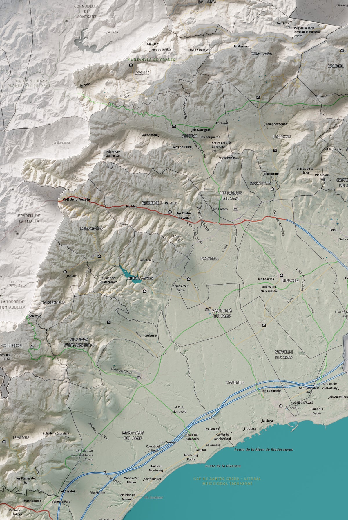Mapa de relieve del Baix Camp, con el territorio en color y el entorno en blanco. Detalle de la zona central. 61 × 91 cm. Estilo Cartográfico.