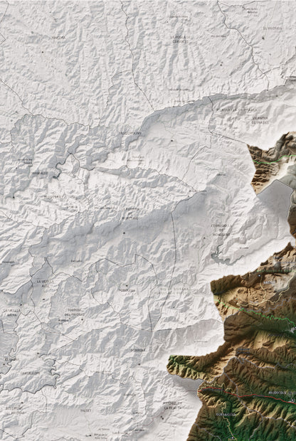 Mapa de relieve del Baix Camp, con el territorio en color y el entorno en blanco. Detalle de la zona superior izquierda. 61 × 91 cm. Estilo Clásico.