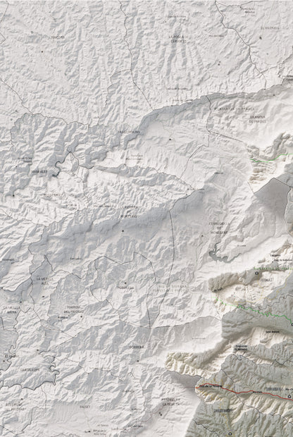 Mapa de relieve del Baix Camp, con el territorio en color y el entorno en blanco. Detalle de la zona superior izquierda. 61 × 91 cm. Estilo Cartográfico.