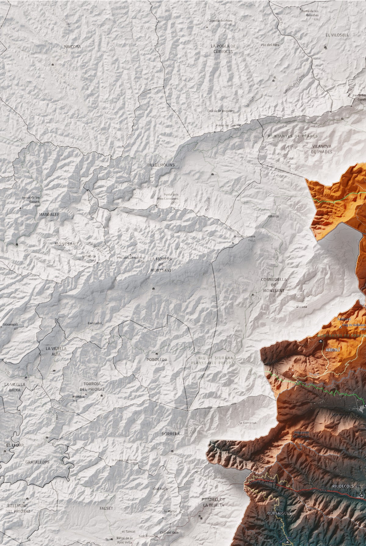Mapa de relieve del Baix Camp, con el territorio en color y el entorno en blanco. Detalle de la zona superior izquierda. 61 × 91 cm. Estilo Azul y naranja.