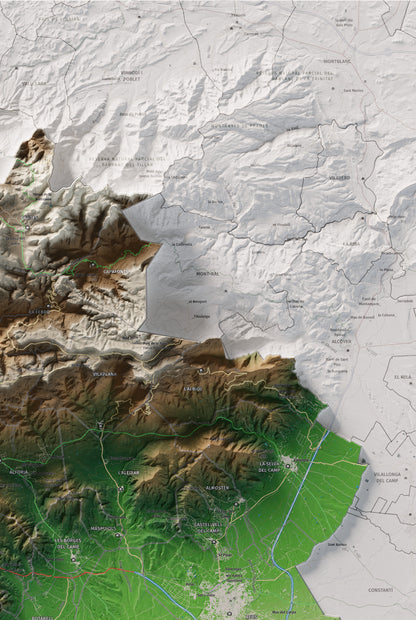 Mapa de relieve del Baix Camp, con el territorio en color y el entorno en blanco. Detalle de la zona superior derecha. 61 × 91 cm. Estilo Clásico.