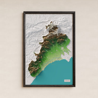 Mapa de relieve del Baix Camp, con el territorio en color y el entorno en blanco. Presentación con marco. 61 × 91 cm. Estilo Clásico.