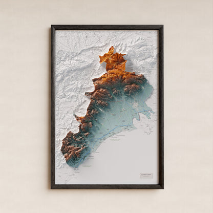 Mapa de relieve del Baix Camp, con el territorio en color y el entorno en blanco. Presentación con marco. 61 × 91 cm. Estilo Azul y naranja.