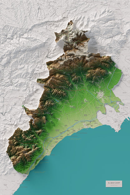 Mapa de relieve del Baix Camp, con el territorio en color y el entorno en blanco. Vista completa de la lámina. 61 × 91 cm. Estilo Clásico.