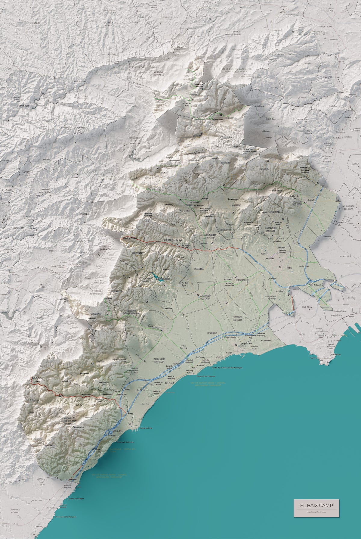 Mapa de relieve del Baix Camp, con el territorio en color y el entorno en blanco. Vista completa de la lámina. 61 × 91 cm. Estilo Cartográfico.