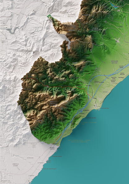 Mapa de relieve del Baix Camp, con el territorio en color y el entorno en blanco. Detalle de la zona inferior izquierda. 70 × 100 cm. Estilo Clásico.