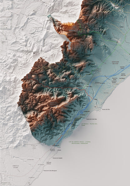 Mapa de relieve del Baix Camp, con el territorio en color y el entorno en blanco. Detalle de la zona inferior izquierda. 70 × 100 cm. Estilo Azul y naranja.