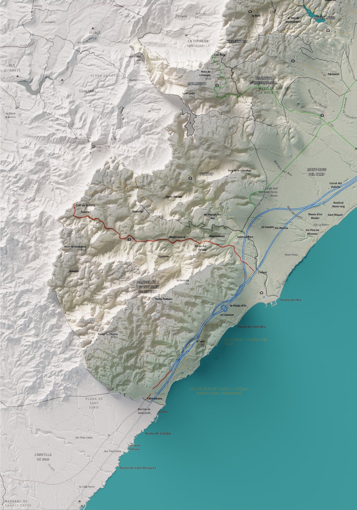 Mapa de relieve del Baix Camp, con el territorio en color y el entorno en blanco. Detalle de la zona inferior izquierda. 70 × 100 cm. Estilo Cartográfico.