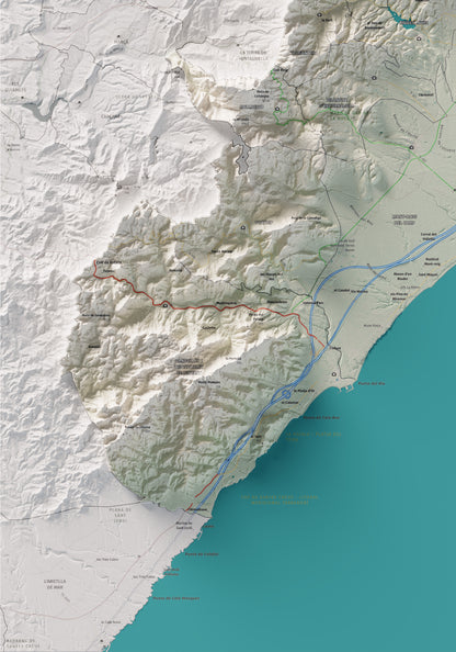 Mapa de relieve del Baix Camp, con el territorio en color y el entorno en blanco. Detalle de la zona inferior izquierda. 70 × 100 cm. Estilo Cartográfico.