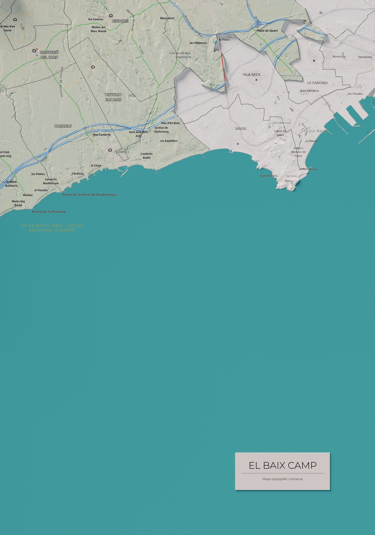Mapa de relieve del Baix Camp, con el territorio en color y el entorno en blanco. Detalle de la zona inferior derecha. 70 × 100 cm. Estilo Cartográfico.