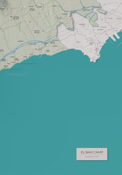 Mapa de relieve del Baix Camp, con el territorio en color y el entorno en blanco. Detalle de la zona inferior derecha. 70 × 100 cm. Estilo Cartográfico.