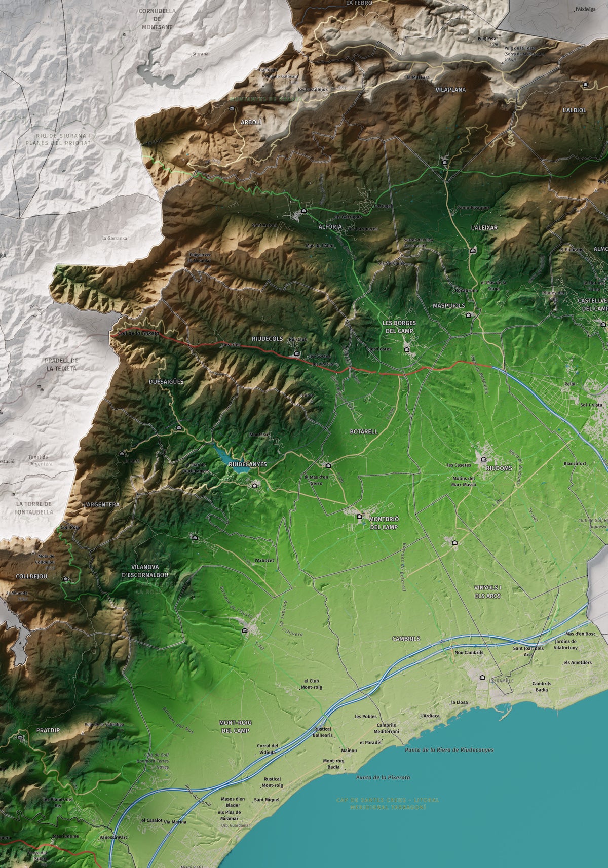 Mapa de relieve del Baix Camp, con el territorio en color y el entorno en blanco. Detalle de la zona central. 70 × 100 cm. Estilo Clásico.