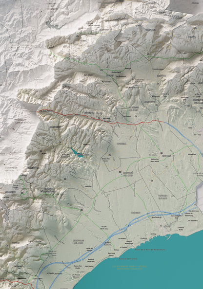Mapa de relieve del Baix Camp, con el territorio en color y el entorno en blanco. Detalle de la zona central. 70 × 100 cm. Estilo Cartográfico.